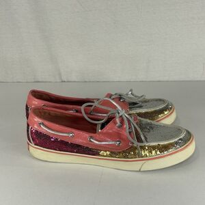 Sperry Top Sider Women’s BAHAMA Pink Gold Silver Sequin Boat Shoes Sz 9.5